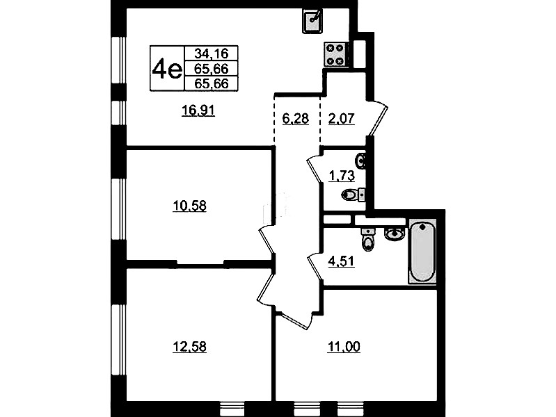 3-комнатная квартира 65.66 м², 12/12 эт., ЖК «Новые Лаврики»
